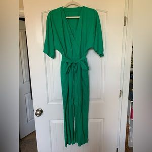 Linocolore | Wrap Linen Jumpsuit | Green | Size XS